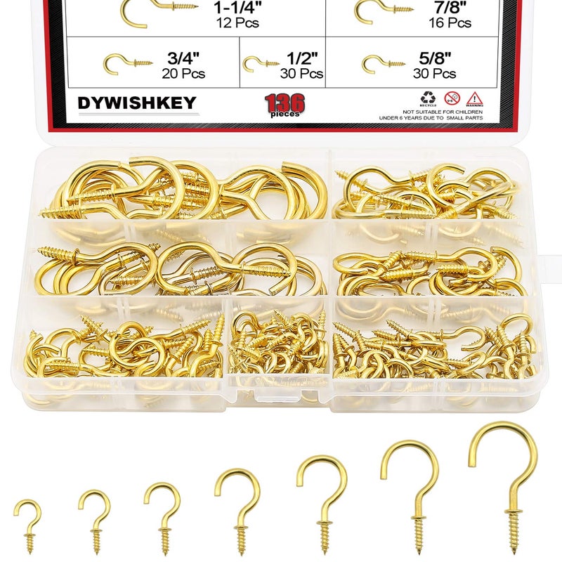 DYWISHKEY Cup Screw Hooks Kit, 136PCS 7 Sizes, Brass Plated Screw-in Hooks for Home, Office and Workplace (1/2", 3/4", 7/8", 1", 1-1/4", 1-1/2") - Image 1